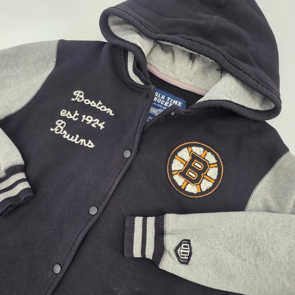 OLD TIME HOCKEY BOSTON BRUINS VARSITY JACKET YOUTH KIDS XL BLACK SNAP BUTTON NHL